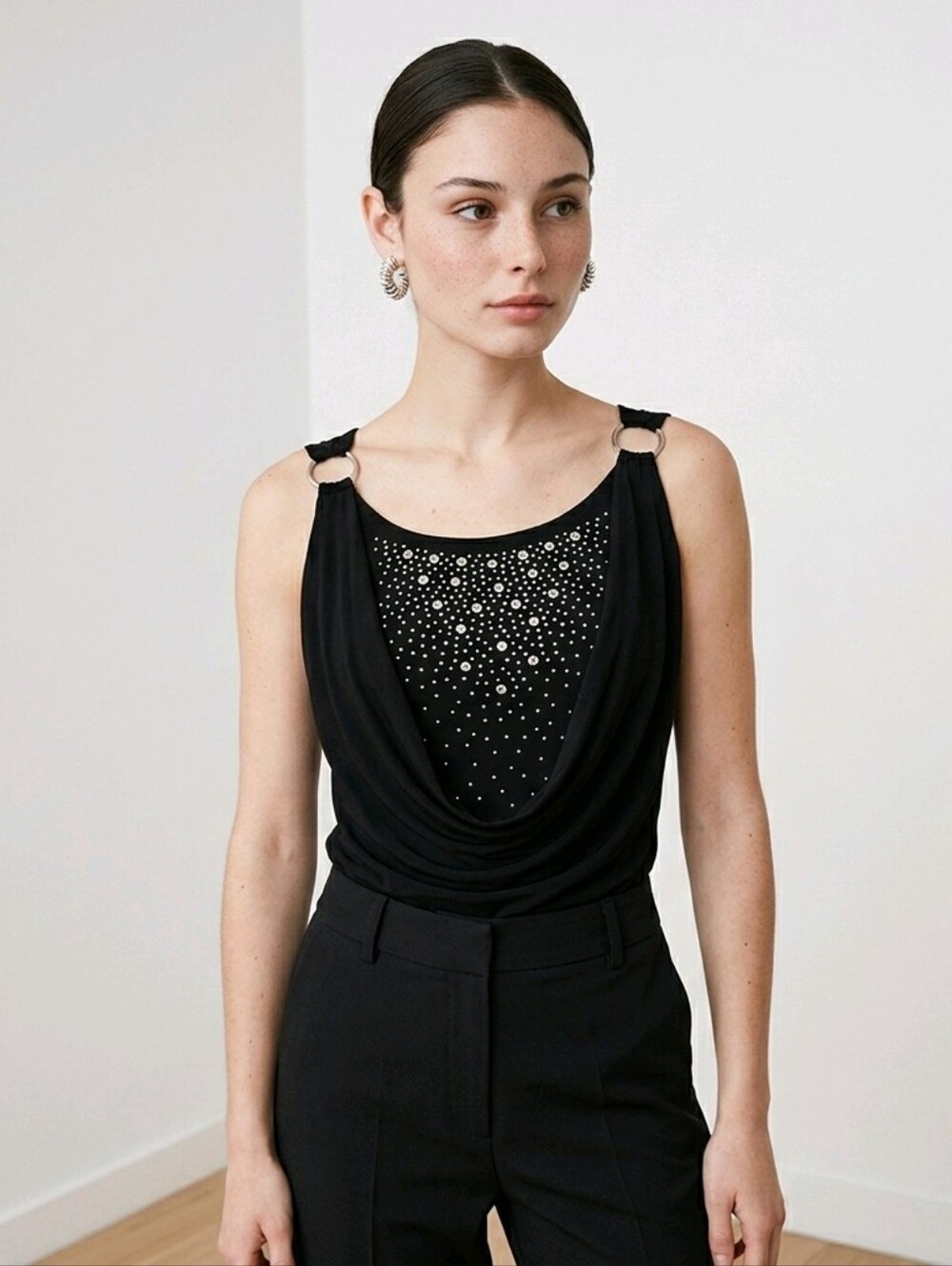 Draped front, embellished top